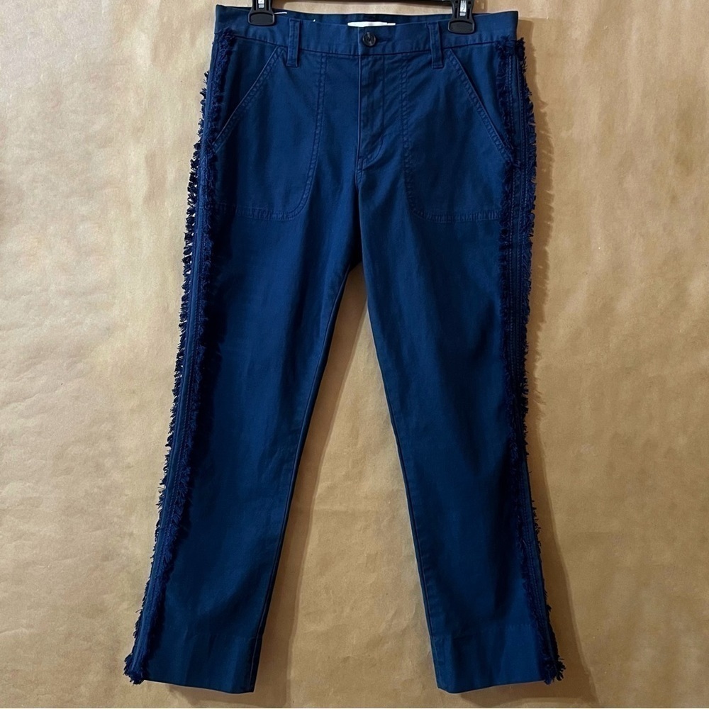 Tory Burch | Fringe Trim Side Stripe Cropped Chino Pants Navy Sea Size 27